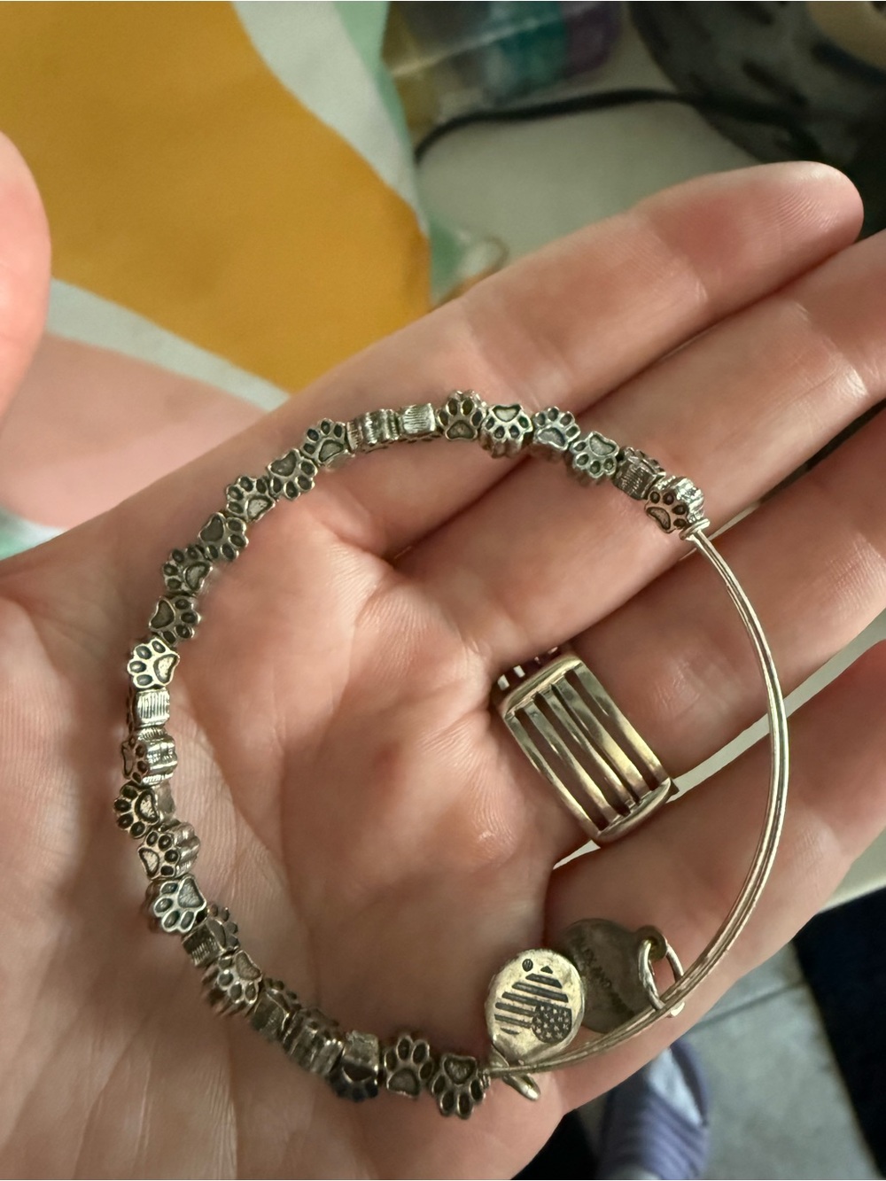 Alex and Ani Silver Paw Print Expandable Bangle with Heart Charm